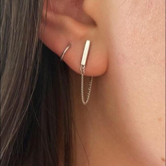 14k Gold/ Sterling Silver Cuban Chain Bar Earrings - Picture 13 of 15